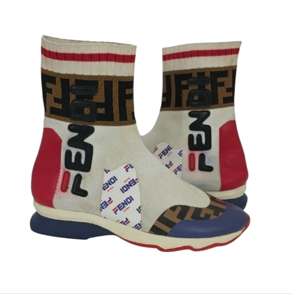 Fendi Shoes - Fendi Multi-Color FF Logo Sock Sneakers - White, Brown, Red, Blue Size 37